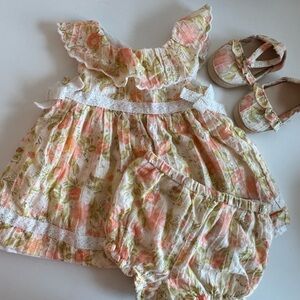 Floral Baby Dress Set with matching bloomers & Shoes Size 3-6mos